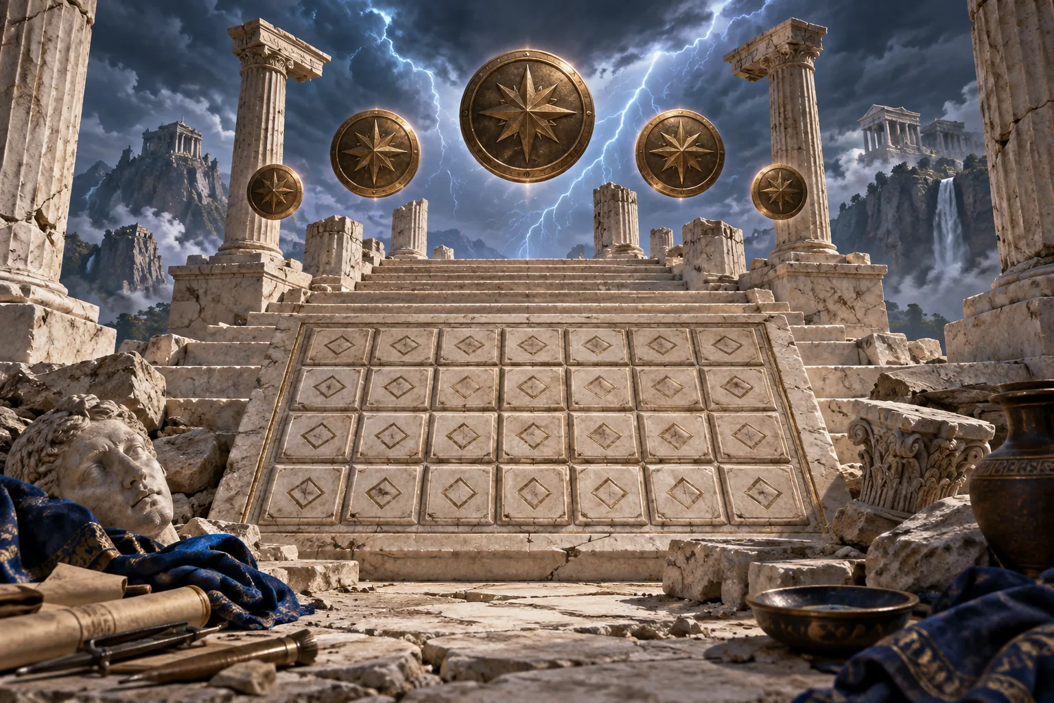 Conceptual archaeology scene for Gates of Olympus 1000 mechanics